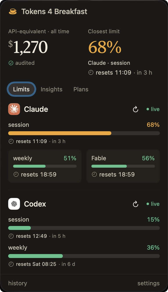 Tokens 4 Breakfast v2.0 Mac Token使用量与成本监控工具